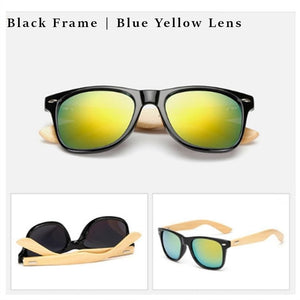 Black frame glasses with blue yellow lens and bamboo arms