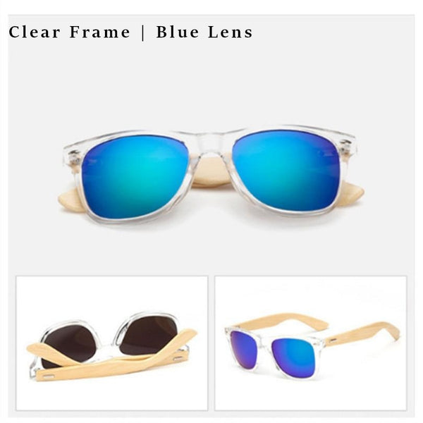 Clear transparent frame glasses - with blue lenses and bamboo legs