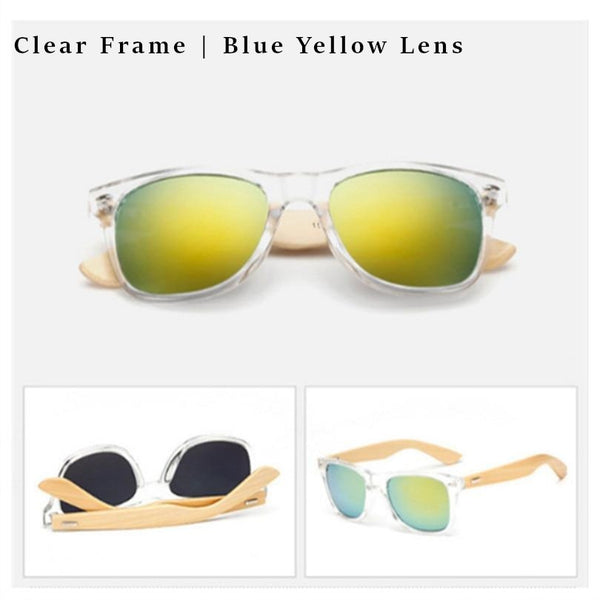 Transparent frame sunglasses with blue yellow lens and bamboo legs