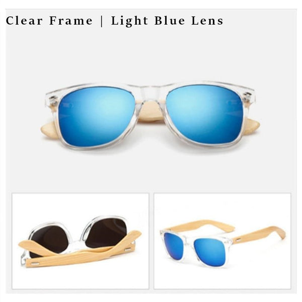 Clear transparent framed sunglasses - with light blue lens and bamboo arms