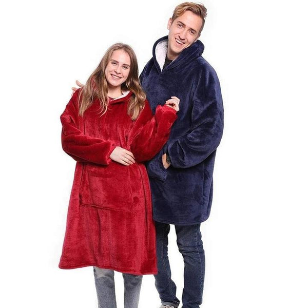 Couple clothing, women wearing red oodie and man wearing blue Sherpa fleece 