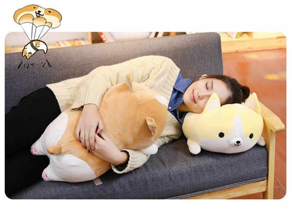 Lying on a yellow corgi and hugging a crème red corgi plush comfortable toy with Asian model 