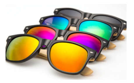4 Black frame sunglasses with bamboo arms - front yellow lens - 2nd purple glasses - 3rd blue sunglasses - 4th black lens 
