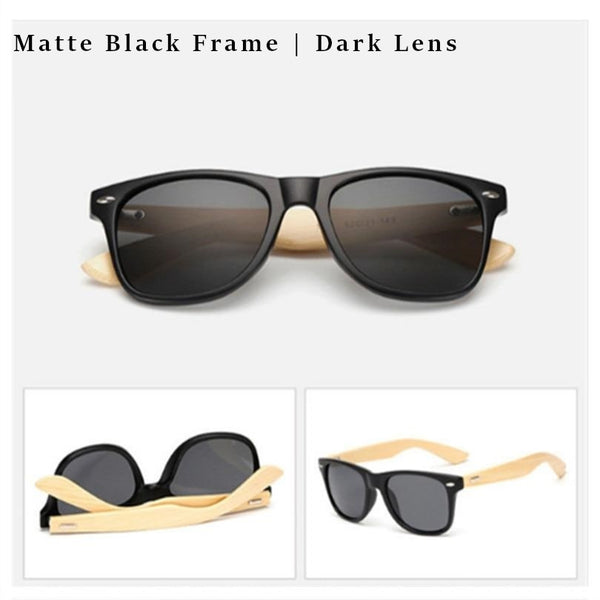 Matte black framed sunglasses - with black lens and bamboo arms
