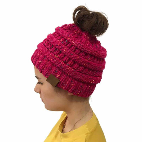 Funky Junque pretty girl wears adorable pink pull through hair knitted cap