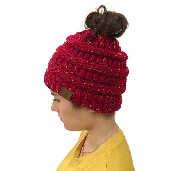 Red BeanieTail warm kitted crocheted ribbed hat cap