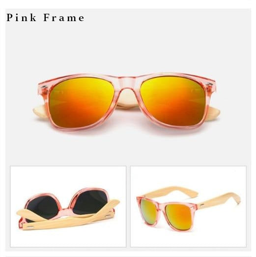 Pink transparent framed glasses - with red yellow lens and bamboo arms