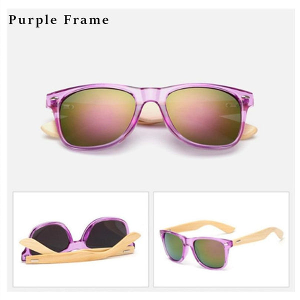 Purple framed sunglasses - with blue yellow lens and bamboo arms