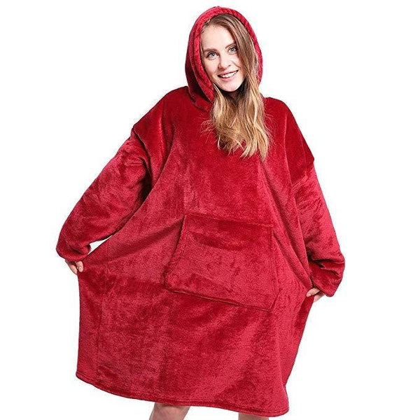 Blonde girl wearing red velvet microfiber fleece with red hoodie over head