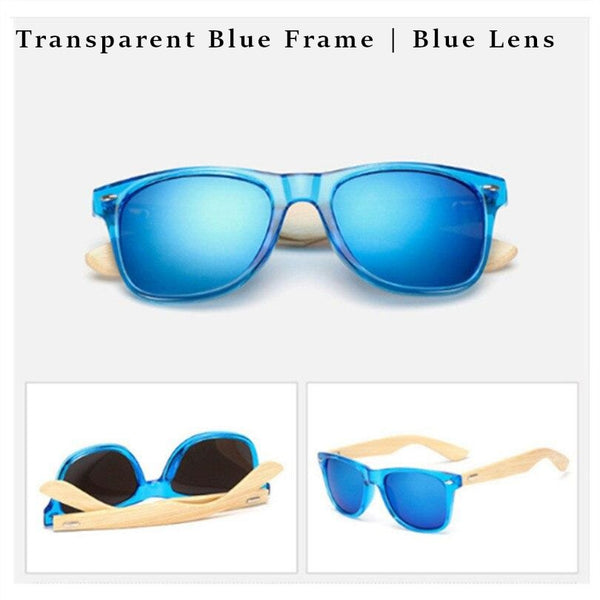 Blue transparent frame glasses - with blue lenses and bamboo legs