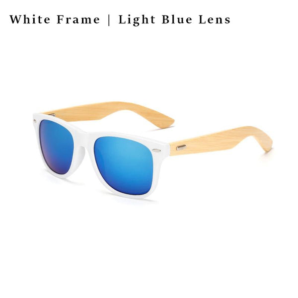 White framed glasses - blue lens and bamboo arms