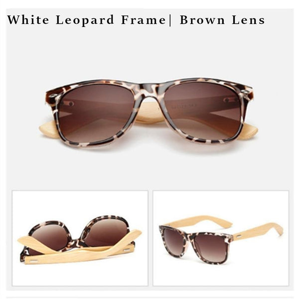 White Leopard print framed glasses - with dark brown lens and bamboo arms