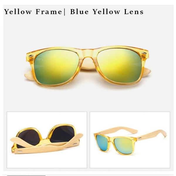 Yellow frame sunglasses with blue yellow lens and bamboo legs